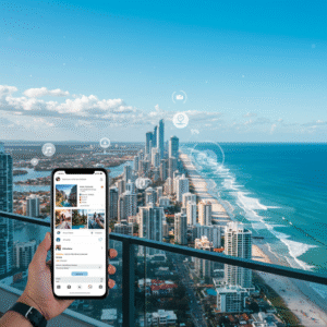 Vibrant Gold Coast skyline with a smartphone displaying engaging social media content, illustrating our Social Media Management Gold Coast services as a leading Social Media Agency Gold Coast for local social media marketing