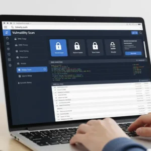 Cybersecurity website audit tools and scan report on laptop screen