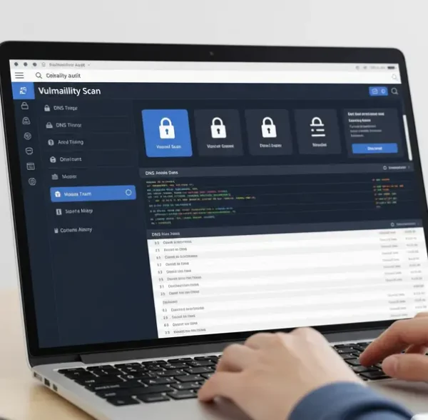 Cybersecurity website audit tools and scan report on laptop screen