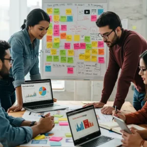 YouTube advertising experts planning video ad campaign in office