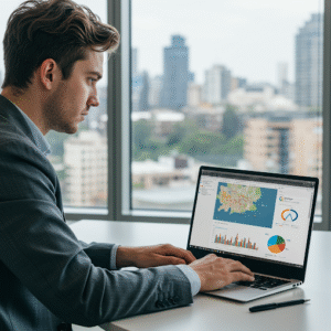 Local SEO expert working on Google Business Profile optimization for a Sydney business with suburb map and ranking charts on screen