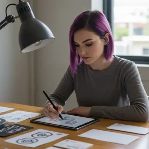 Logo designer in Perth creating business logo concepts on tablet with brand stationery