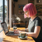 Business owner in Brisbane managing social media on laptop