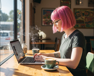 Business owner in Brisbane managing social media on laptop