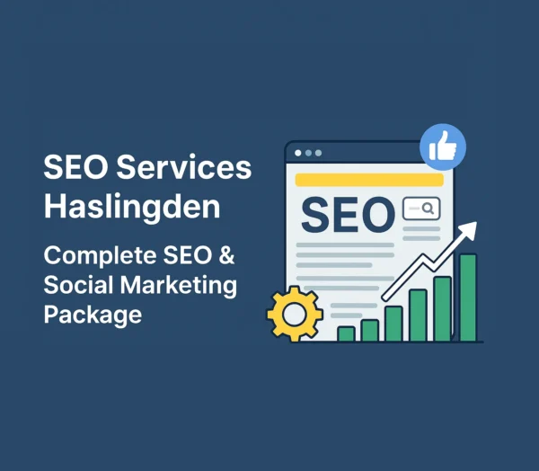SEO Services Haslingden graphic showing SEO dashboard, growth chart, gear icon, and social media elements with text “Complete SEO & Social Marketing Package.